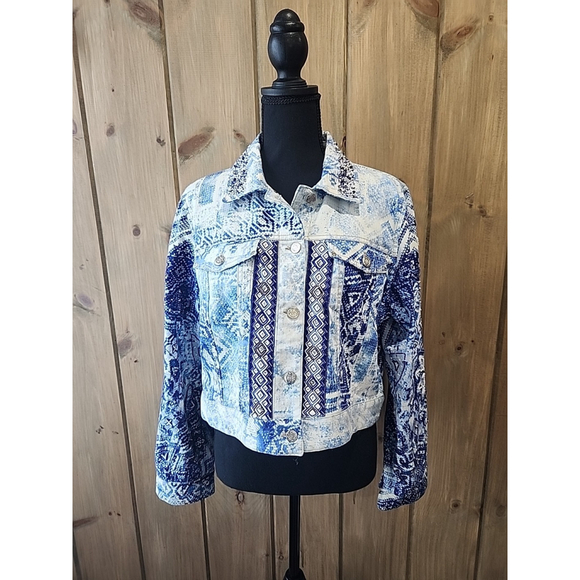 NWT Chico's Women's Crop Stretch Denim Jacket Sz2 Artisan Mysterious Blue Bead - Picture 1 of 13
